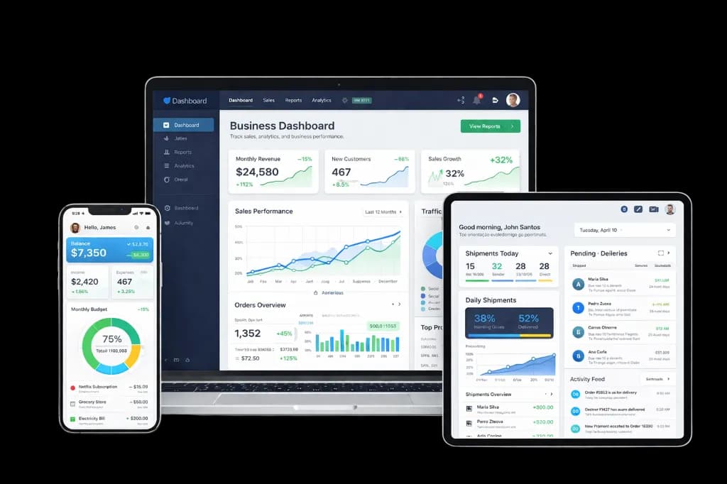 Dashboard de gestão desenvolvido pela MaquinaCode — interface moderna com dados em tempo real